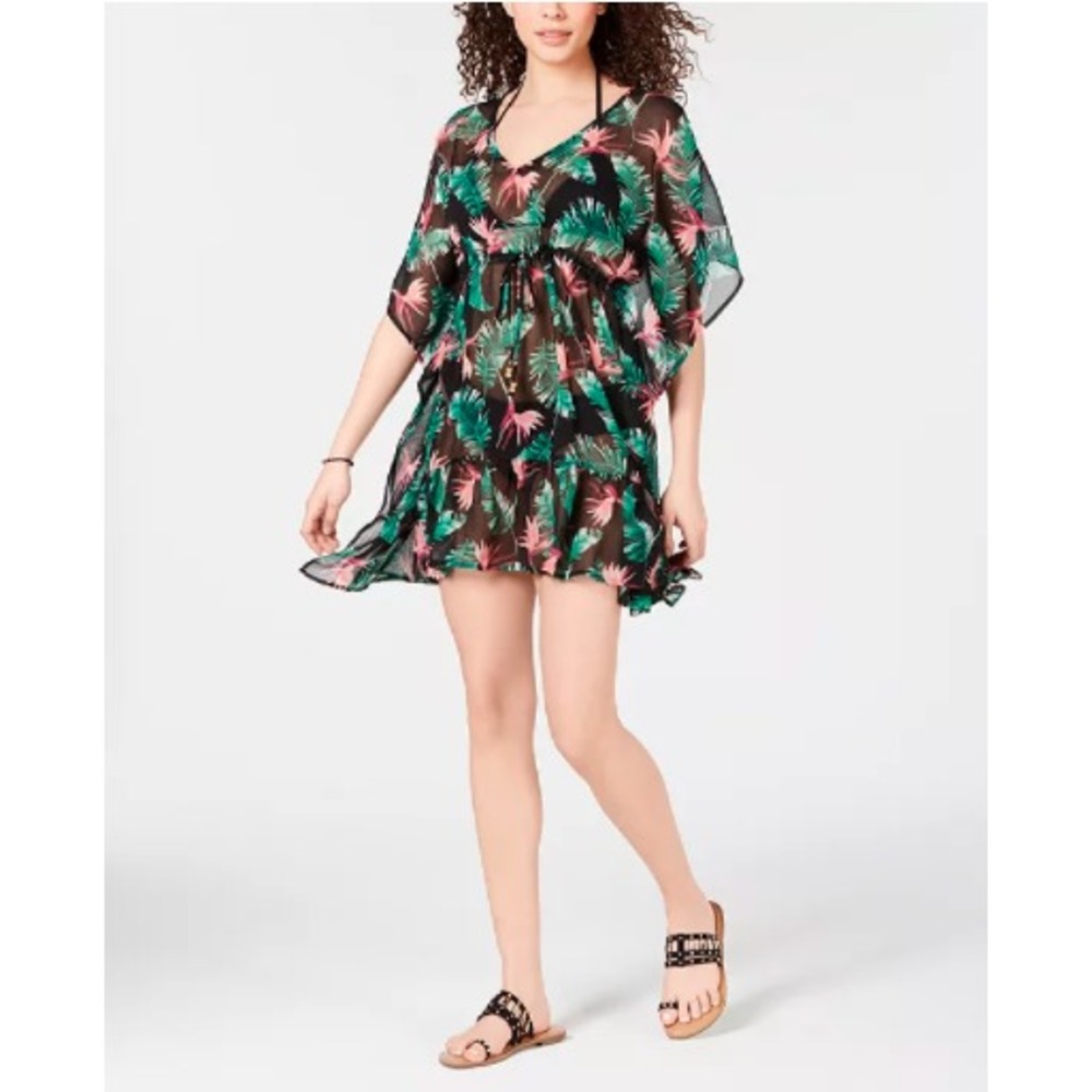 Miken Ruffle Hem Caftan Swimsuit‎ Cover-Up Dress Women's Size XL Black NEW